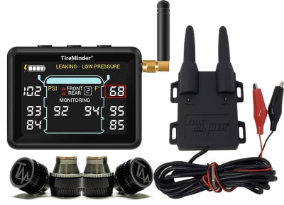 The TireMinder i10 (Model TM22141) is a premium color tire pressure monitoring system (TPMS) designed primarily for RVs and trailers, capable of monitoring up to 20 tires across four different vehicles.