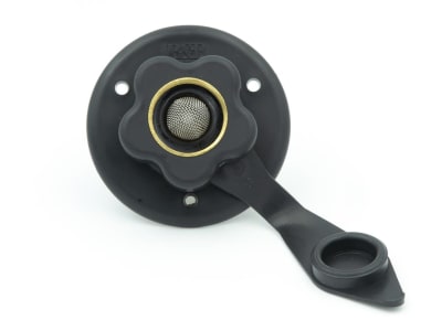 The B&B FRESH WATER INLET CHECK VALVE BLACK, 94215 is a flush-mount city water fill component designed for RVs, featuring a lead-free brass check valve to prevent backflow and ensure a secure connection to a fresh water system.