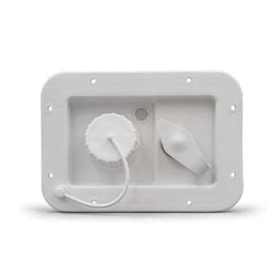 The B&B Fresh Water Inlet City Water and Gravity White (Part #94224) is an RV plumbing component designed for both city water hookups and gravity filling of the fresh water tank. It is made in the USA.