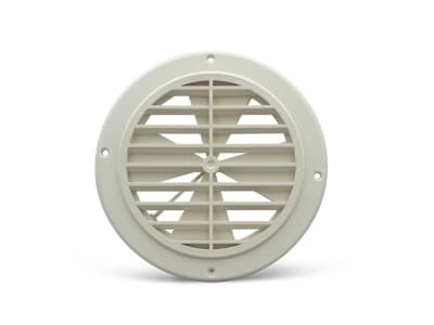 The B&B Molders Thetford 94275 Ceiling Grill with Damper (also referred to as B&B Molders part number GRILL2D-A), a round, closing white vent register primarily designed for RV and mobile home ceiling installations.
