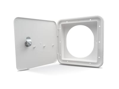 The B&B Molders Thetford 94304 corresponds to a  fuel hatch primarily used for RV campers. This part is available in polar white and designed to work with OEM G.M. metal fuel bezels.