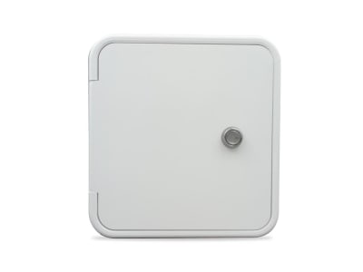 The B&B Molders 94305 Electrical Cord Multi-Purpose Hatch is a rectangular, flush-mount access door designed for RVs and campers. It is made of durable, UV-resistant polar white plastic and is suitable for protecting and organizing power cords.