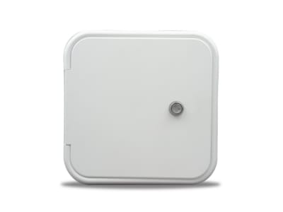 The B&B Molders 94312 Electrical Cord Multi-Purpose Hatch in Polar White, designed for use with RVs and campers. It is a versatile rectangular hatch that can be used for electrical cords or as a fuel hatch.