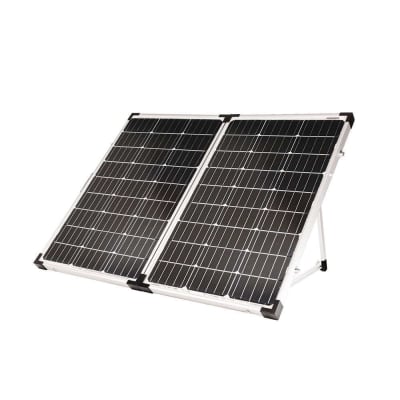 The GO POWER 130 WATT PORTABLE SOLAR PANEL KIT, GP-PSK-130 is a highly rated, portable solar solution ideal for charging batteries in RVs, trailers, and boats, featuring a built-in charge controller and adjustable folding legs for easy setup.