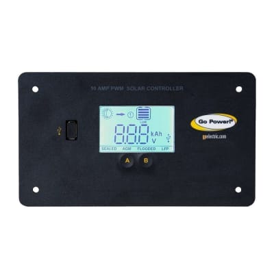 The GO POWER SOLAR CHARGE CONTROLLER 10 AMP, GP-PWM-10-FM is a flush-mounted, 10-amp Pulse Width Modulation (PWM) solar charge controller designed to protect 12V batteries from overcharging in RV and off-grid solar systems.