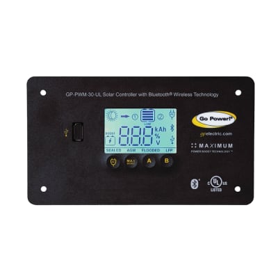 The Go Power 30 Amp Dual Bank Bluetooth Digital Solar Controller (GP-PWM-30-UL) is a flush-mounted, Pulse Width Modulation (PWM) charge controller designed for 12V solar systems up to 600 watts.
