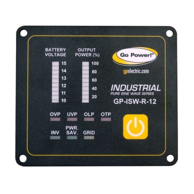 The Go Power GP-ISW-R remote is a hardwired remote control with an LED display designed for use with Go Power! industrial pure sine wave inverters of 700 watts or larger. It allows for convenient on/off switching and monitoring from a remote location.