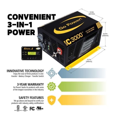 The Go Power Inverter Charger IC 3000 Watt (GP-IC-3000-12-PKG) is a 3-in-1 system that acts as a pure sine wave inverter, a 125 amp battery charger, and a 100 amp automatic transfer switch, designed for RV and marine applications.