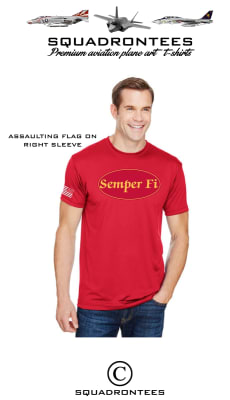 USMC Semper Fi Red T-Shirt with Assaulting Flag on Sleeve D2, USMC Licensed Item