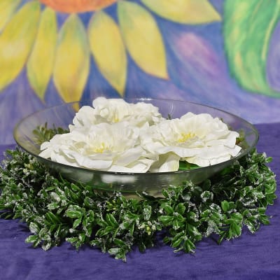 Iced boxwood wreath for table centerpieces