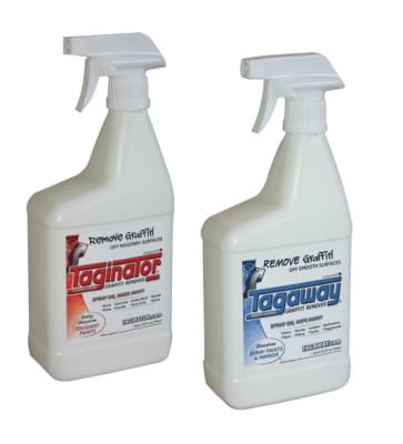 photo of 32 oz. each of our elite graffiti removal products Taginator and Tagaway