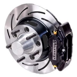 Strange Pro Series Front Brake Kit Ford Applications using 4 1/2" Bolt Circle Wheels 4 Piston Calipers & One Piece Slotted Rotors 82-86 Mustang V8 Spindle