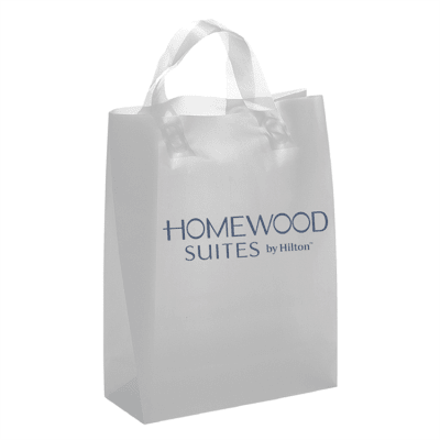 Homewood Suites frosted shopping bag, high-density frosted plastic bag with fused handles and 1-color metallic teal Homewood Suites logo.