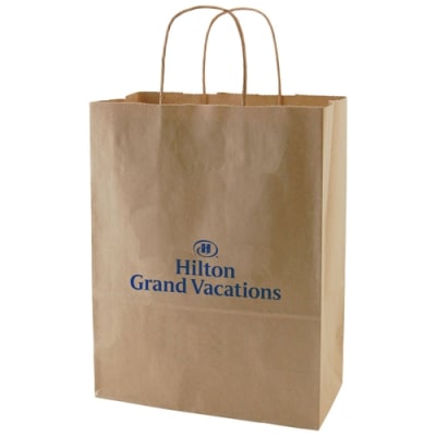 Hilton Grand Vacations brown shopping bag, 10" x 5" x 13.5".   Recycled shopping bags  include an imprint of Hilton Grand Vacations logo  in blue on one side.