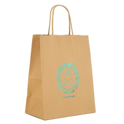 Multi-Color Custom Logo 5.25" x 3.25" x 13" Natural Kraft Shopping Bag, 765-1NKS0513NAT-MC