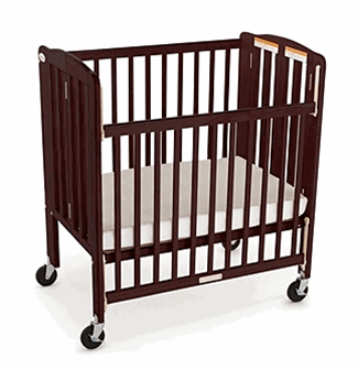 Foundations HideAway cherry wood compact folding drop side crib. Item #515-60SSC3