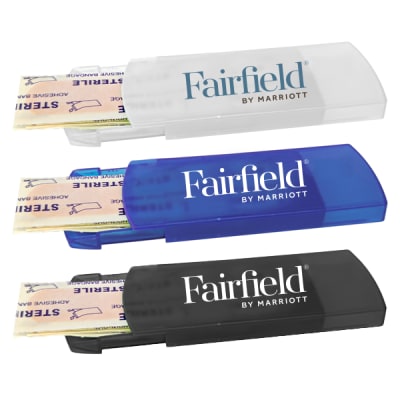 Solid White, Translucent Black, Translucent Blue Bandage Dispenser with Fairfield BY MARRIOTT logo