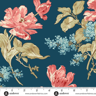 LIGHTHOUSE Front Porch Bouquet Navy by Laundry Basket Quilts shows a  medium to large scale floral in crisp Navy with and  accents of pink,  and  teal blue.