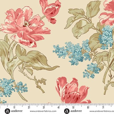 LIGHTHOUSE Front Porch Bouquet Cream Sand by Laundry Basket Quilts shows a  medium to large scale floral in crisp sand with and  accents of pink,  and  teal blue.