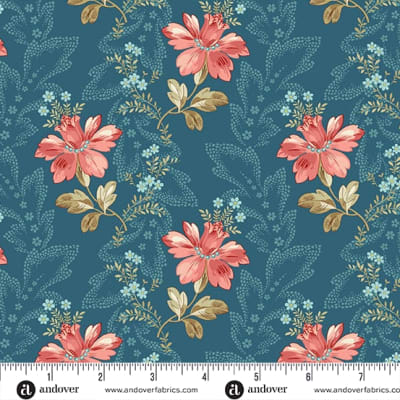 LIGHTHOUSE Bayou in Lakefront Blue by Laundry Basket Quilts shows a  small  scale floral in crisp sand with and  accents of pink,  and  teal blue.