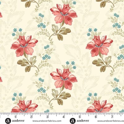 LIGHTHOUSE Bayou in Seashell Cream by Laundry Basket Quilts shows a  small  scale floral in crisp sand with and  accents of pink,  and  teal blue.