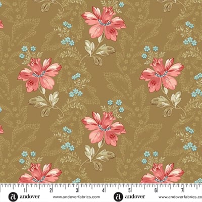 LIGHTHOUSE Bayou in Canoe Tan by Laundry Basket Quilts shows a  small  scale floral in crisp sand with and  accents of pink,  and  teal blue.