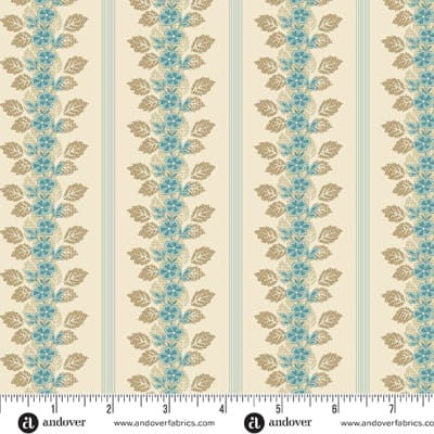 LIGHTHOUSE Enchanted Stripe in Cream with Teal by Laundry Basket Quilts shows a  small  scale floral in crisp red.