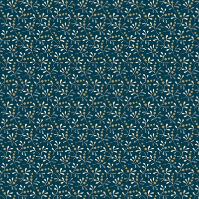 This shows an allover flower motif of teeny tiny berries and flowers set on a dark indigo blue background.