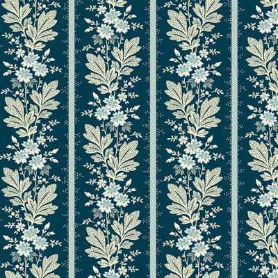 This design features a large border stripe with flowers and leaves on a dark, indigo blue ground.