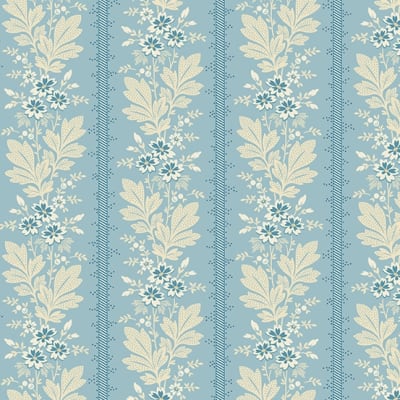 This design features a large border stripe with flowers and leaves on a light, baby blue ground.