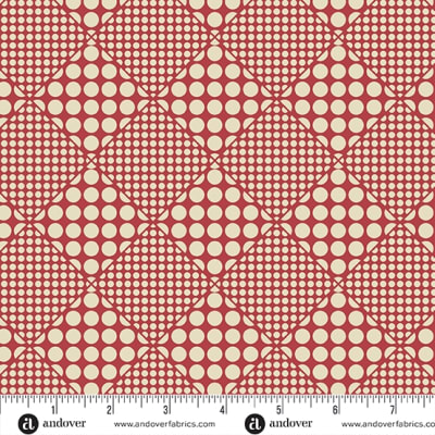 JOY Snowball in Red by Laundry Basket Quilts shows an optical illusion motif in red on cream.