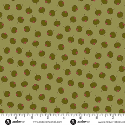 JOY Cheer in Olive Green by Laundry Basket Quilts shows a  small delicate leaf motif on a an olive green background  in an all-over motif.