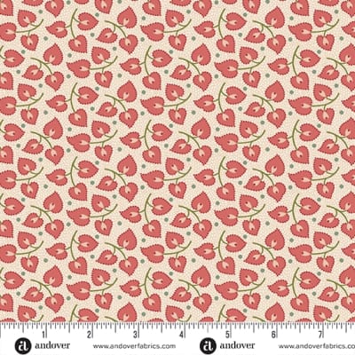 JOY Heartstrings in   Berry Pink by Laundry Basket Quilts shows  three heart shaped leaves on a branch, which repeat in a compact all-over layout on a light background.