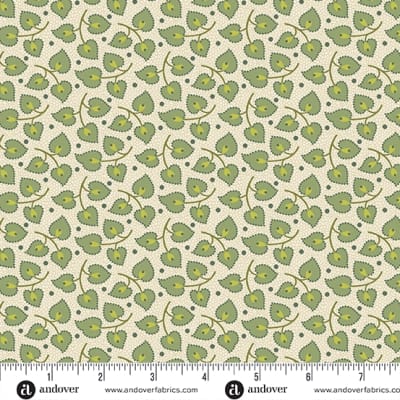 JOY Heartstrings in  Fir Green by Laundry Basket Quilts shows  three heart shaped leaves on a branch, which repeat in a compact all-over layout on a light background.