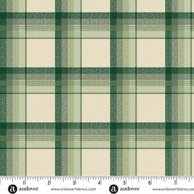 JOY Rustic Plaid in Spruce Green by Laundry Basket Quilts shows a chunky plaid in shades of green and cream.
