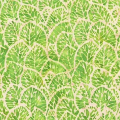 Green Jungle Leaves Batik # 2527Q-X  shows a bright green batik with tropical leaf motif.