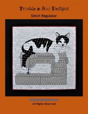 Stitch Regulator Cat Quilt Pattern by Trouble & Boo shows a black and white cat sprawled on top of a sewing machine.