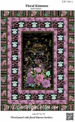 Floral Kimonos Quilt Pattern by Castjellia Cottonsshows a pretty black, lavendar and green quilt made from a panel showing Asian styled flowers on a black background.