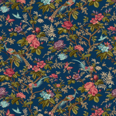 BUCKLEBERRY CHINTZ  Prussian Blue by Michelle Yeo shows a cream floral fabric with flowers and birds.