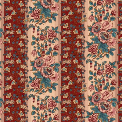 BANNARD HILLS: Red Border Stripe by Michelle Yeo shows a large striped fabric with shades of red and cream stripes covered with flowers.