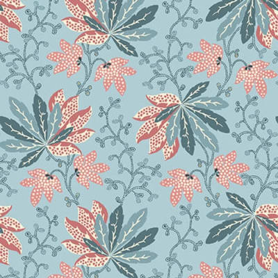 BANNARD HILLS: Chintz floral Fan Leaf Floral showcases clusters of leaves in light teal blue and pinks.