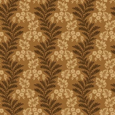 BANNARD HILLS: Serpentine vine Stripe features a large scale leafy stripe in shades of caramel, designed by Michelle Yeo.