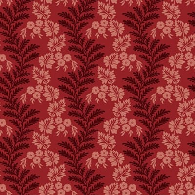 BANNARD HILLS: Serpentine vine Stripe features a large scale leafy stripe in shades of red designed by Michelle Yeo.