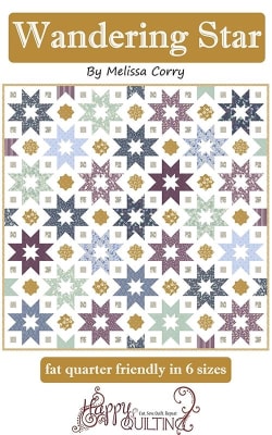 Wandering Star Quilt Pattern by Melissa Corry shows a pretty quilt in scrappy colors with blocks that look like petals with a center square.