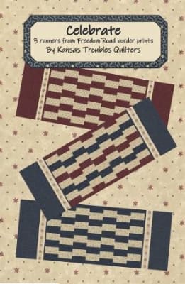 This quilt design features stars and stripes for the 4th of July in shades of red, tan and blue.