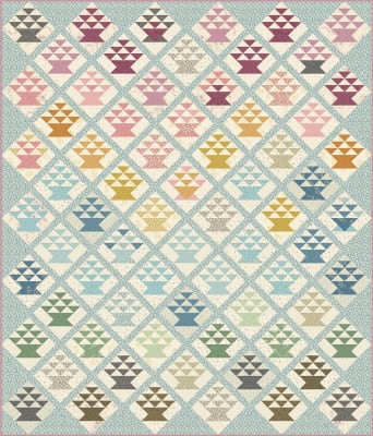 Candy Basket Quilt Pattern by Laundry Basket Quilts shows a pretty basket quilt, in a diagonal set, sewn with springtime colored fabrics from the Sewing Basket Collections.