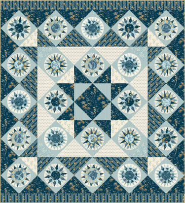 Catamaran Quilt Pattern  DARK VERSION Laundry Basket Quilts depicts a quilt with pre-printed cheater patchwork compass blocks and an appliqued quilt border.