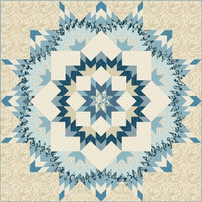 Dallas Quilt Pattern by Laundry Basket Quilts by Laundry Basket Quilt shows a star quilt in cream and shades of blue.