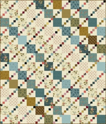 Double 4 Patch Quilt Pattern by Edyta Sitar, Laundry Basket Quilts shows a striking 4 patch quilt, with a diagonal chain, in muted colors of teals, blues, and beige.
