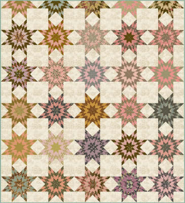 Morning Star Quilt Pattern by Laundry Basket Quilts  shows scrappy star blocks in multiple colors.